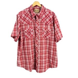 Wrangler Shirt Red Plaid Pearl Snap Button Short‎ Sleeve Summer Western XL